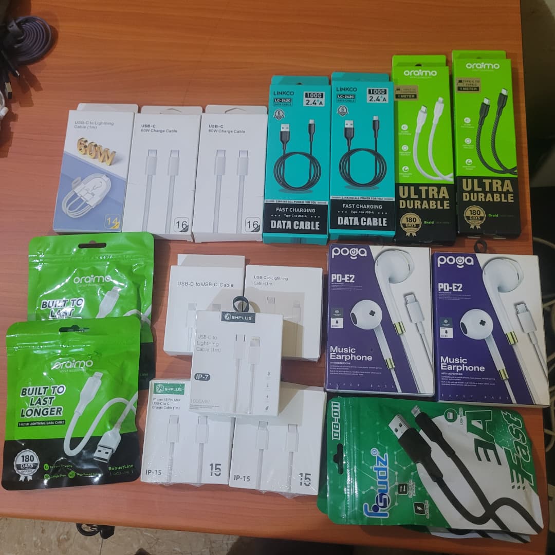 A selection of phone accessories, cables and chargers